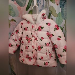 Little Me Pink Floral Rose Winter Coat Fur Hood sz 24 mo
